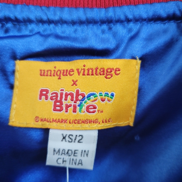 Unique Vintage X Rainbow Brite Royal Blue Satin Bomber Jacket NWT Size XS - Picture 5 of 12